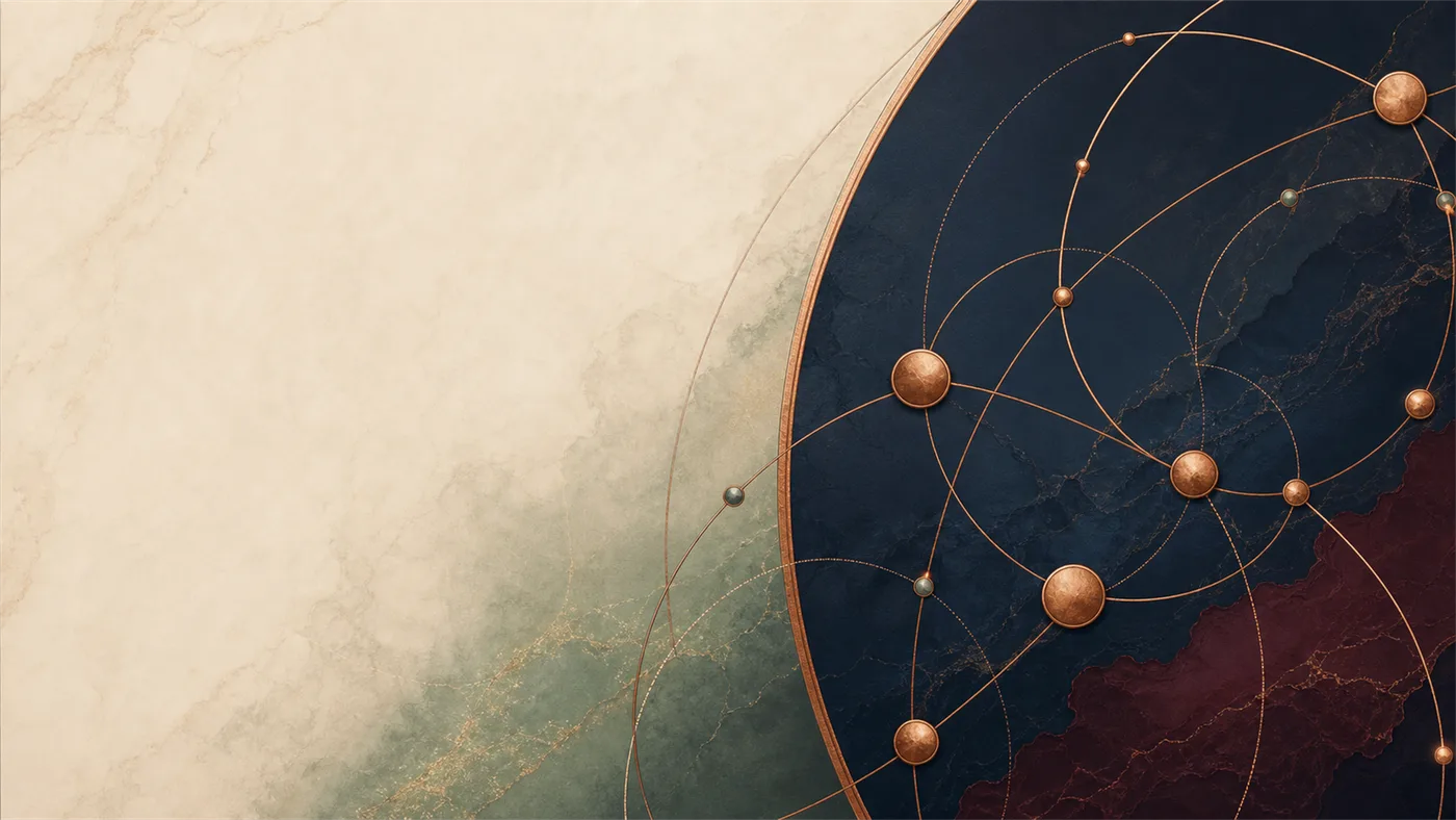 Abstract Astraeus control map with marble, navy, sage, maroon, and copper node paths