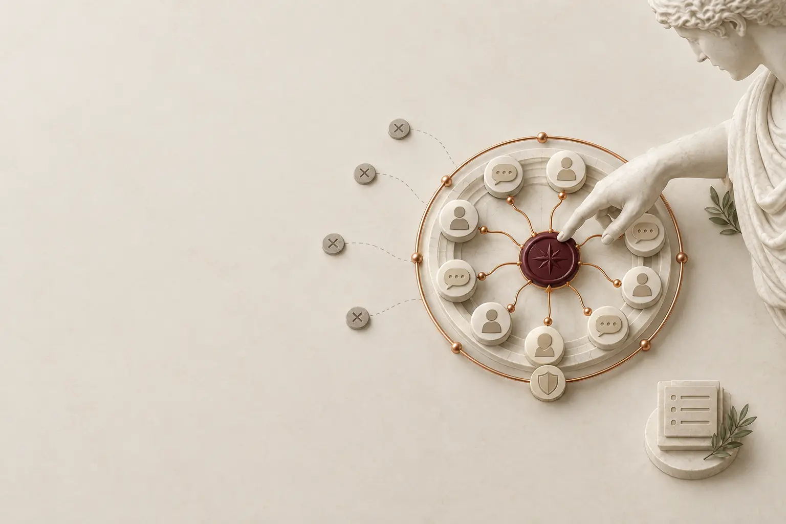 Marble hand pressing a burgundy seal at the centre of a ring of member tokens, with a copper boundary keeping flagged tokens outside