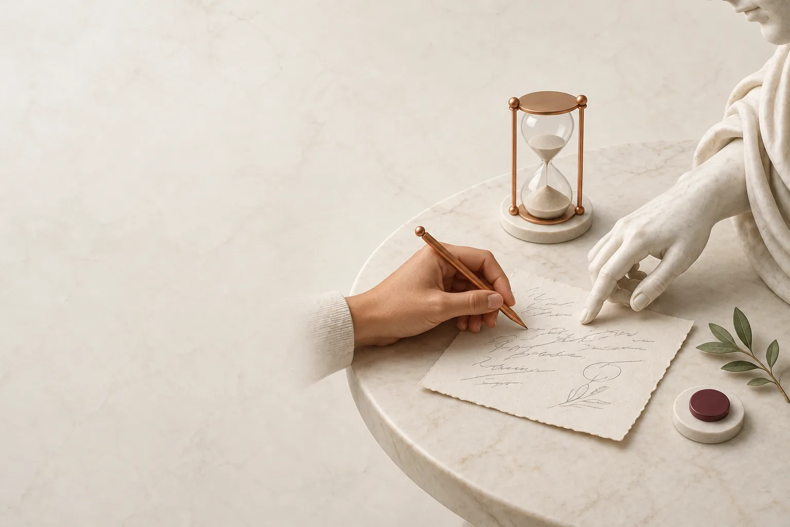 A person and a marble guide reviewing one page of notes beside a small hourglass during a focused consultation
