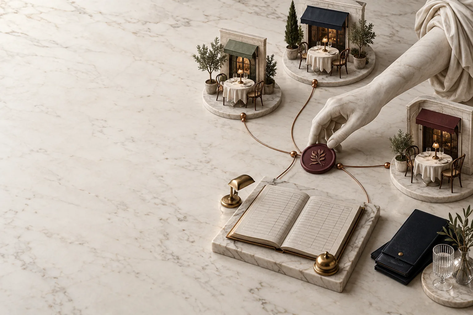 Marble hand connecting three restaurant locations to one operating ledger