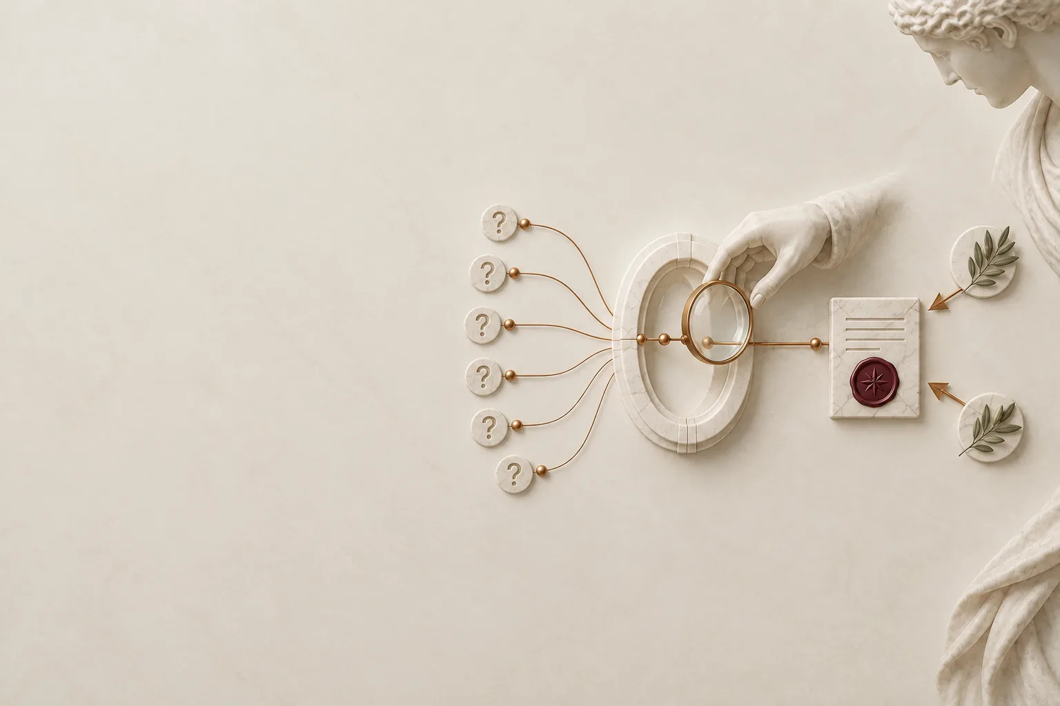 Marble hand inspecting customer questions through a copper lens, leading to an answer card connected to source records