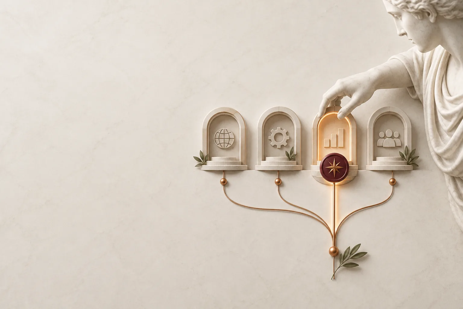 Marble figure choosing one illuminated path from four practical business services