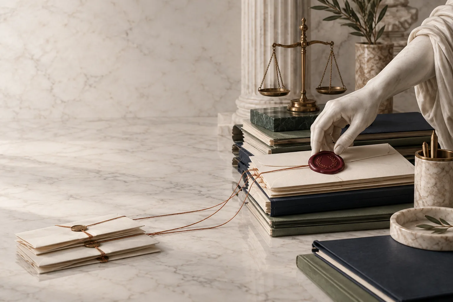 Marble hand reviewing legal correspondence beside case files and a brass balance