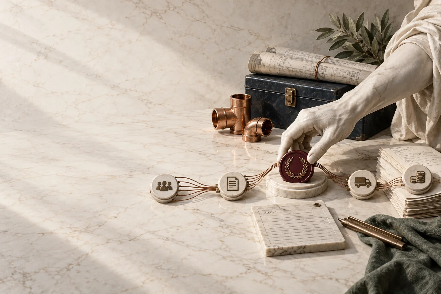 Marble hand approving a trades workflow linking enquiries, quotes and invoices