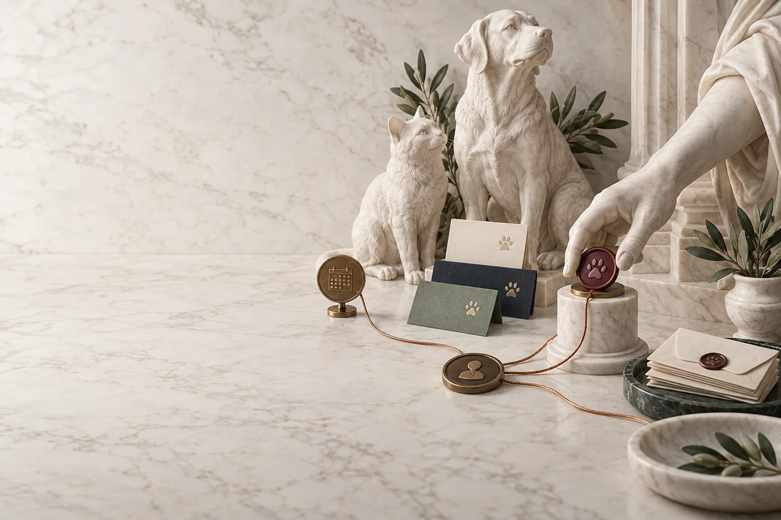 Marble dog and cat beside recall cards and a human approval point