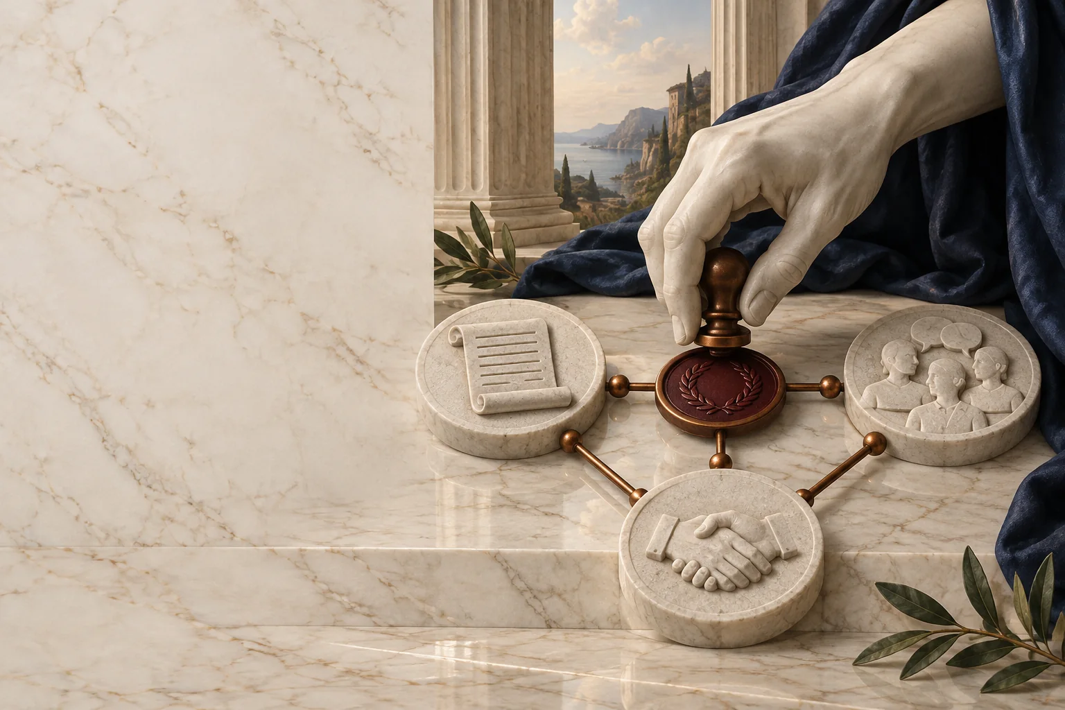 Marble hand approving connected content, community and partnership work